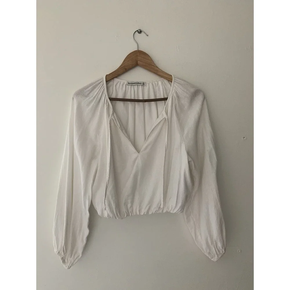 Abercrombie & Fitch White Peasant Top S Puff Sleeve Crop Vneck Linen Cotton Boho